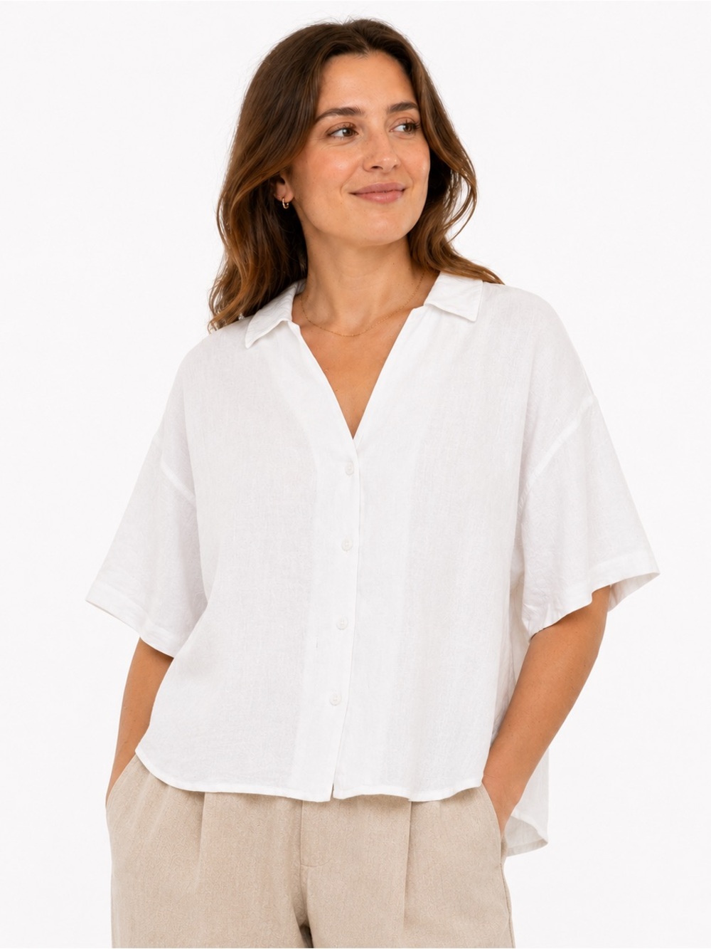 Mod Ref | Crisp Linen Button Front Short Sleeve Relaxed Cropped Chic Shirt Top